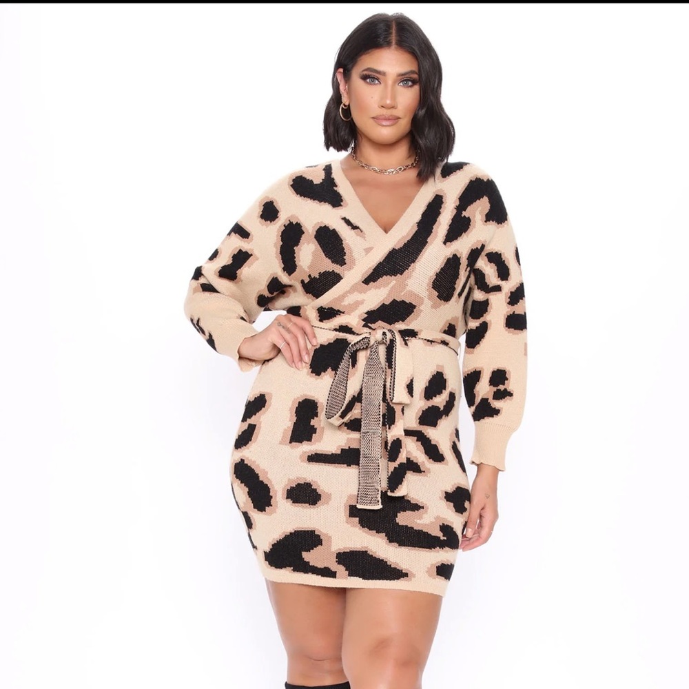“Don’t hate sweater mini dress” leopard print